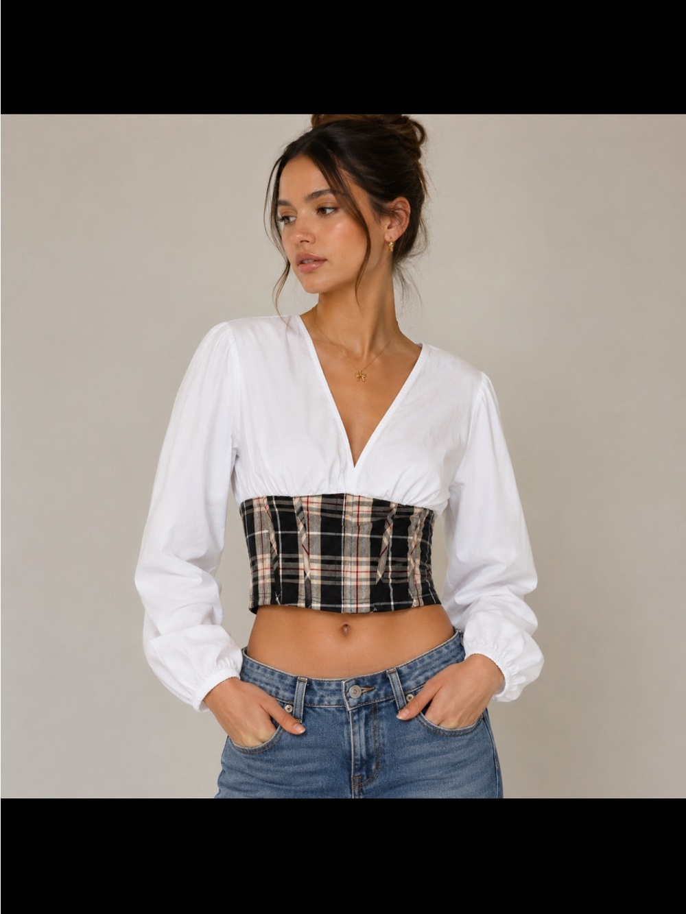 Plaid Waist-Corset Peasant Top - White